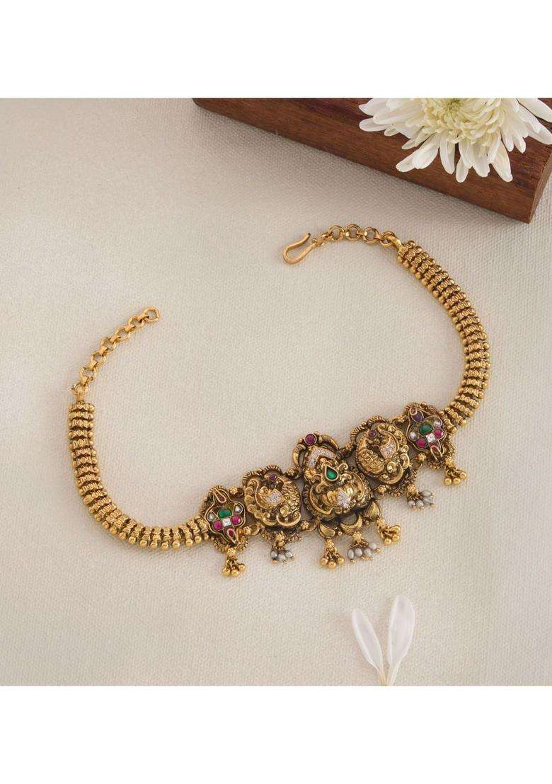 Sterling Silver Gold-Plated Temple Necklace with Pearl for Women | Traditional Temple Jewellery for Wedding & Festive Wear | Gift for Her - Indya