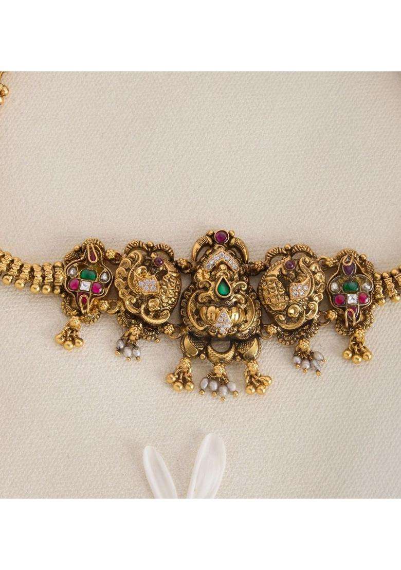 Sterling Silver Gold-Plated Temple Necklace with Pearl for Women | Traditional Temple Jewellery for Wedding & Festive Wear | Gift for Her - Indya