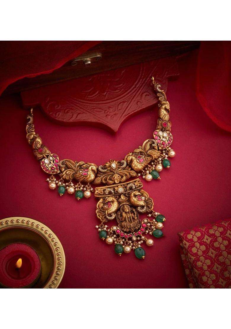 Sterling Silver Gold-Plated Temple Necklace with Kundan for Women | Traditional Temple Jewellery for Wedding & Festive Wear | Gift for Her - Indya