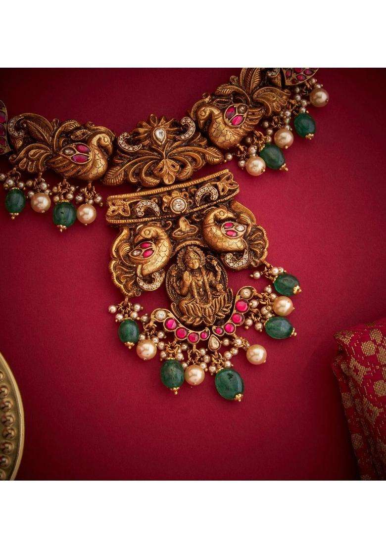 Sterling Silver Gold-Plated Temple Necklace with Kundan for Women | Traditional Temple Jewellery for Wedding & Festive Wear | Gift for Her - Indya