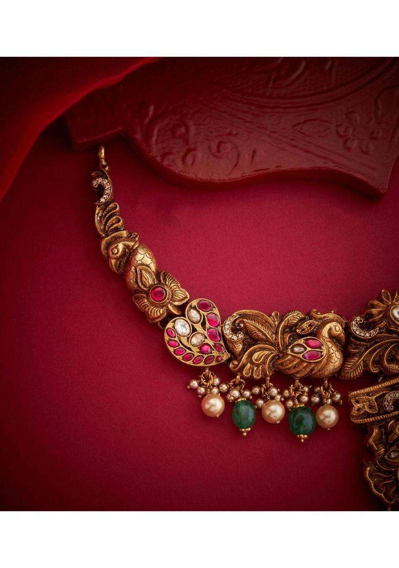 Sterling Silver Gold-Plated Temple Necklace with Kundan for Women | Traditional Temple Jewellery for Wedding & Festive Wear | Gift for Her - Indya