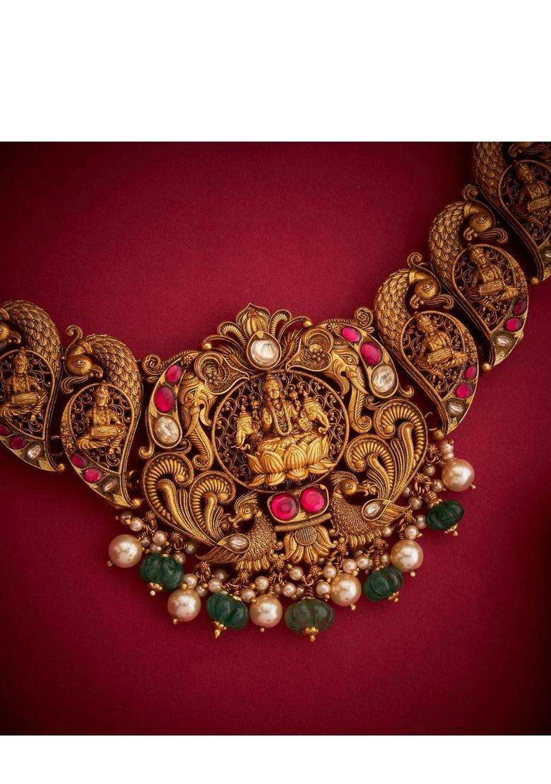 Sterling Silver Gold-Plated Temple Necklace with Kundan for Women | Traditional Temple Jewellery for Wedding & Festive Wear | Gift for Her - Indya
