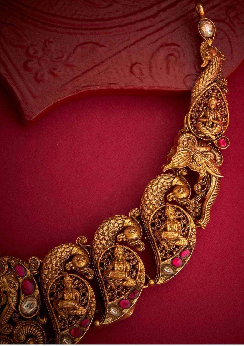 Sterling Silver Gold-Plated Temple Necklace with Kundan for Women | Traditional Temple Jewellery for Wedding & Festive Wear | Gift for Her - Indya