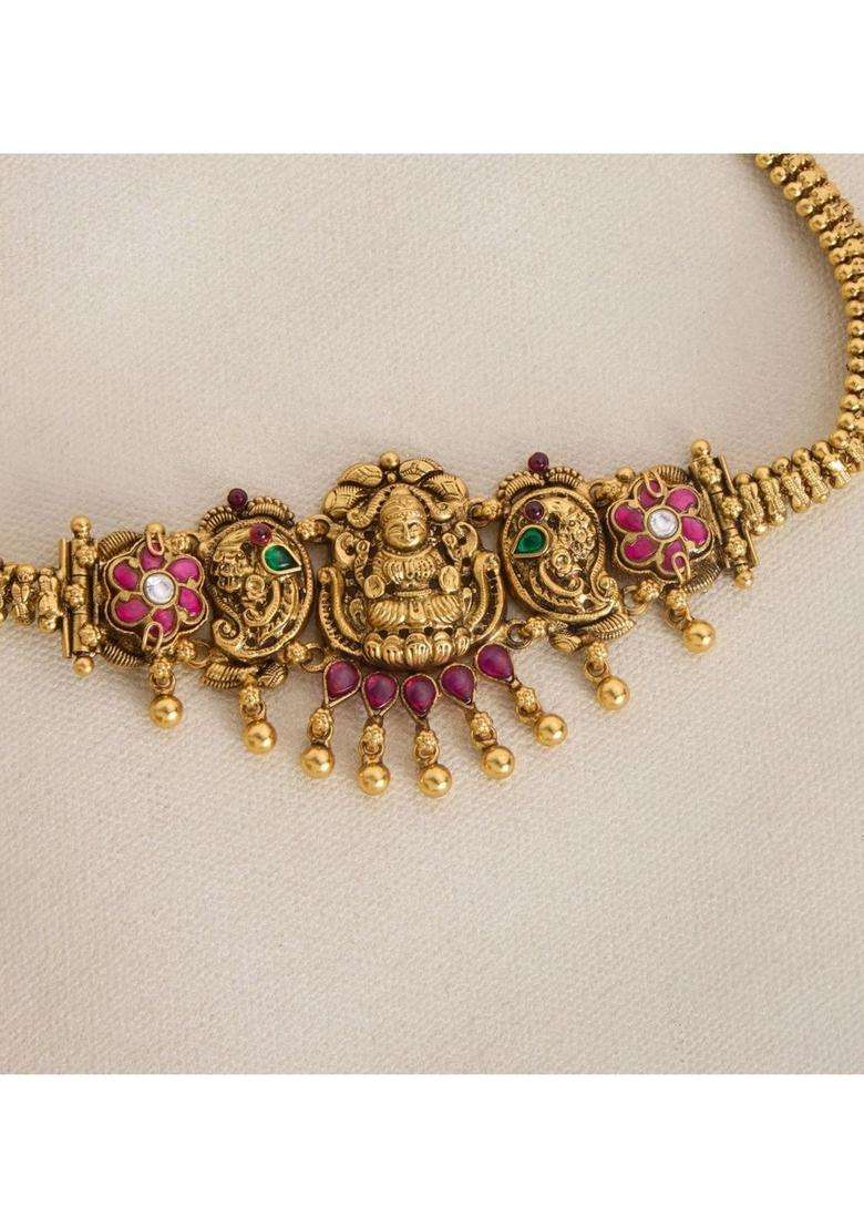 Sterling Silver Gold-Plated Antique Necklace for Women | Traditional Temple Jewellery for Wedding & Festive Wear | Gift for Her - Indya