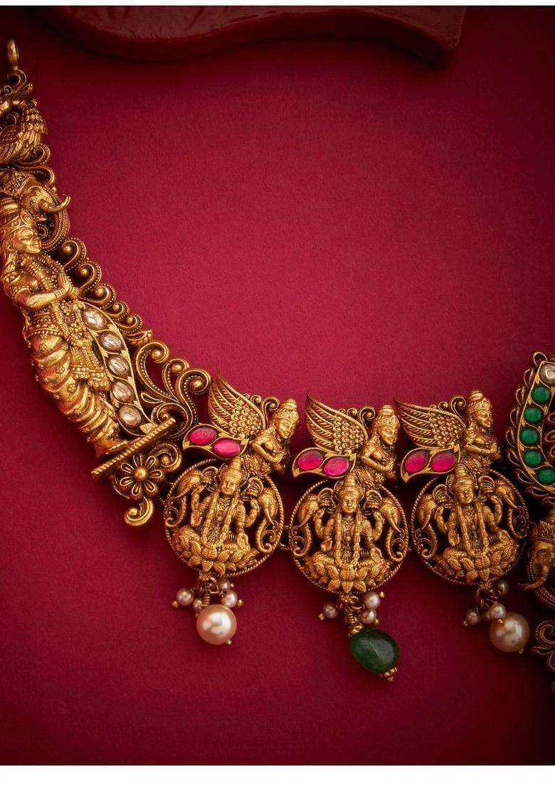 Sterling Silver Gold-Plated Temple Necklace with Kundan for Women | Traditional Temple Jewellery for Wedding & Festive Wear | Gift for Her - Indya