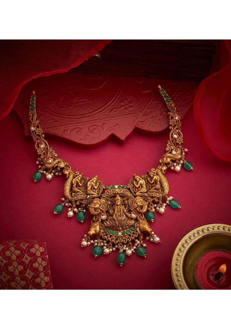 Sterling Silver Gold-Plated Temple Necklace with Kundan for Women | Traditional Temple Jewellery for Wedding & Festive Wear | Gift for Her - Indya