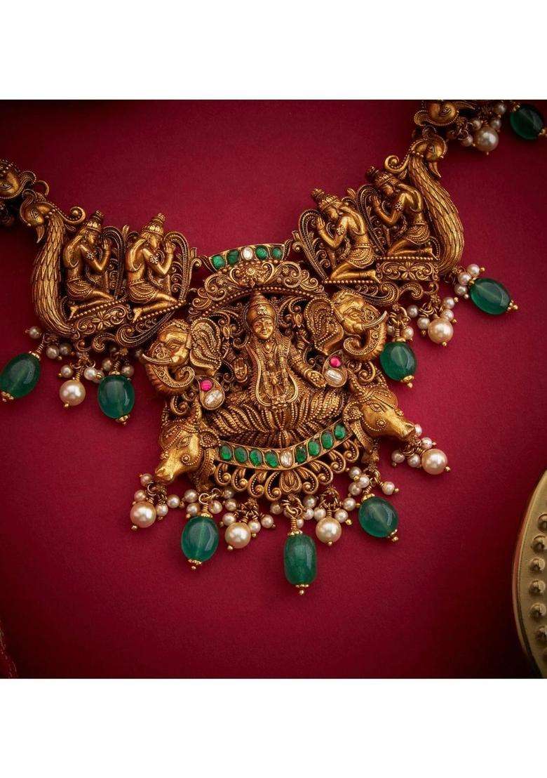 Sterling Silver Gold-Plated Temple Necklace with Kundan for Women | Traditional Temple Jewellery for Wedding & Festive Wear | Gift for Her - Indya