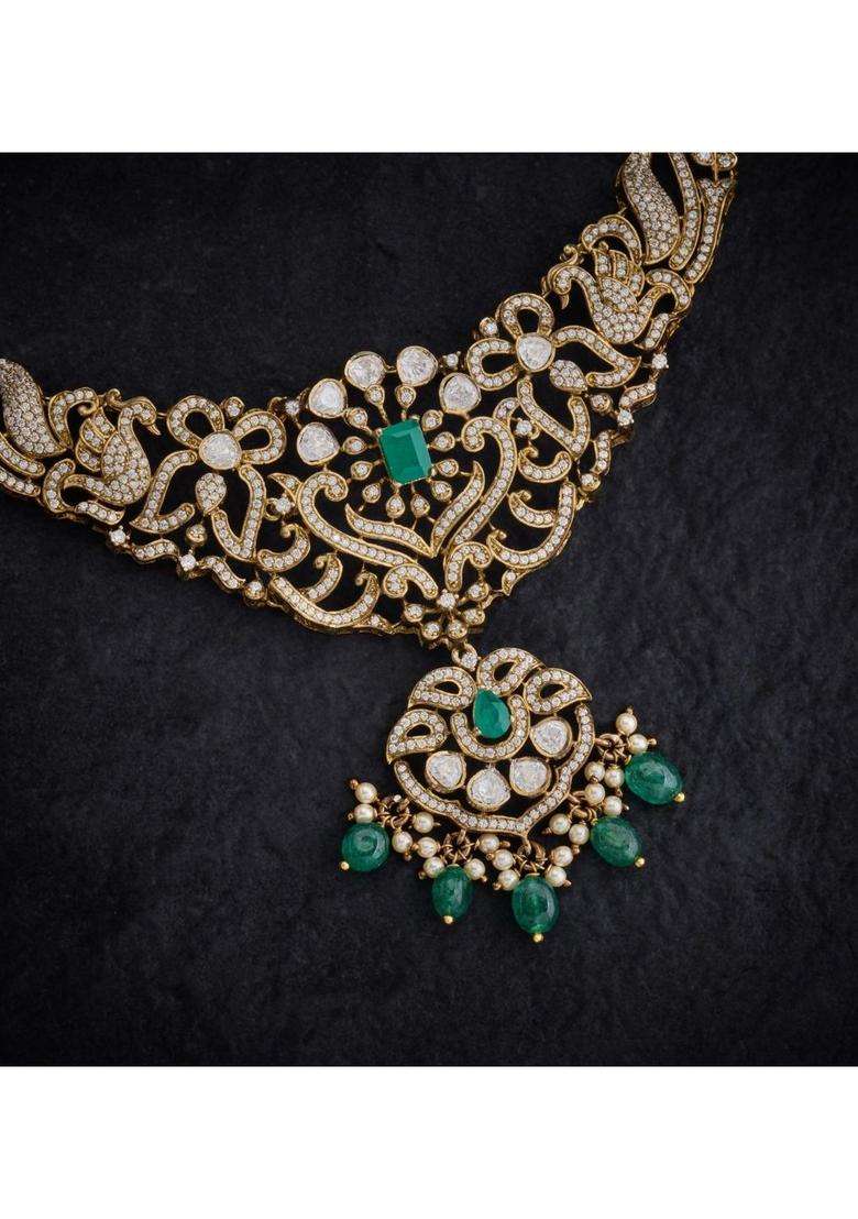 Sterling Silver Gold-Plated Temple Necklace with CZ Stone for Women | Traditional Temple Jewellery for Wedding & Festive Wear | Gift for Her - Indya