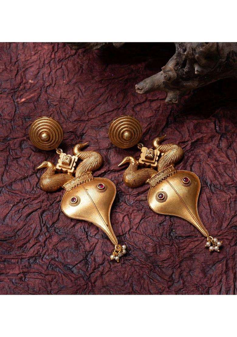 Gold-Plated Peacock Shaped Drop Earrings with Ruby Stone for Women | Traditional Temple Jewellery for Wedding & Festive Wear | Gift for Her - Indya