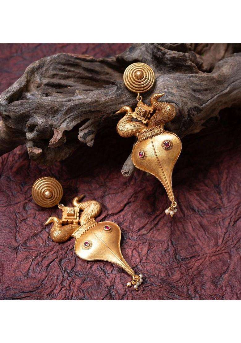Gold-Plated Peacock Shaped Drop Earrings with Ruby Stone for Women | Traditional Temple Jewellery for Wedding & Festive Wear | Gift for Her - Indya
