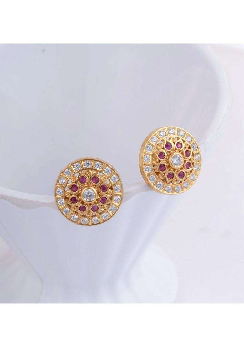 Gold-Plated Circular Studs Earrings with American Diamond for Women | Traditional Temple Jewellery for Wedding & Festive Wear | Gift for Her - Indya