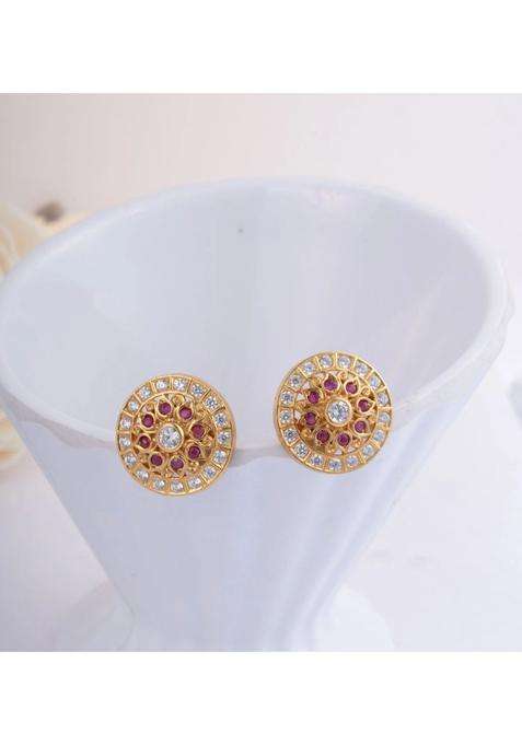 Gold-Plated Circular Studs Earrings with American Diamond for Women | Traditional Temple Jewellery for Wedding & Festive Wear | Gift for Her
