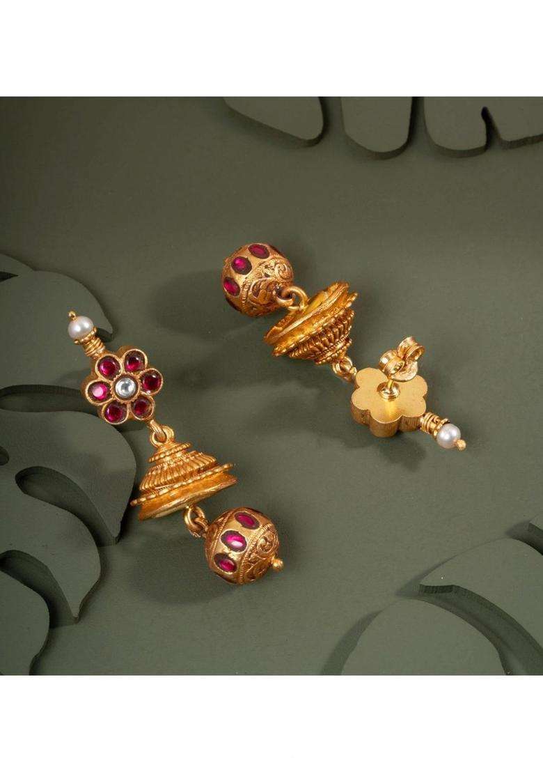 Gold-Plated Floral Jhumkas Earrings with Kundan for Women | Traditional Temple Jewellery for Wedding & Festive Wear | Gift for Her - Indya