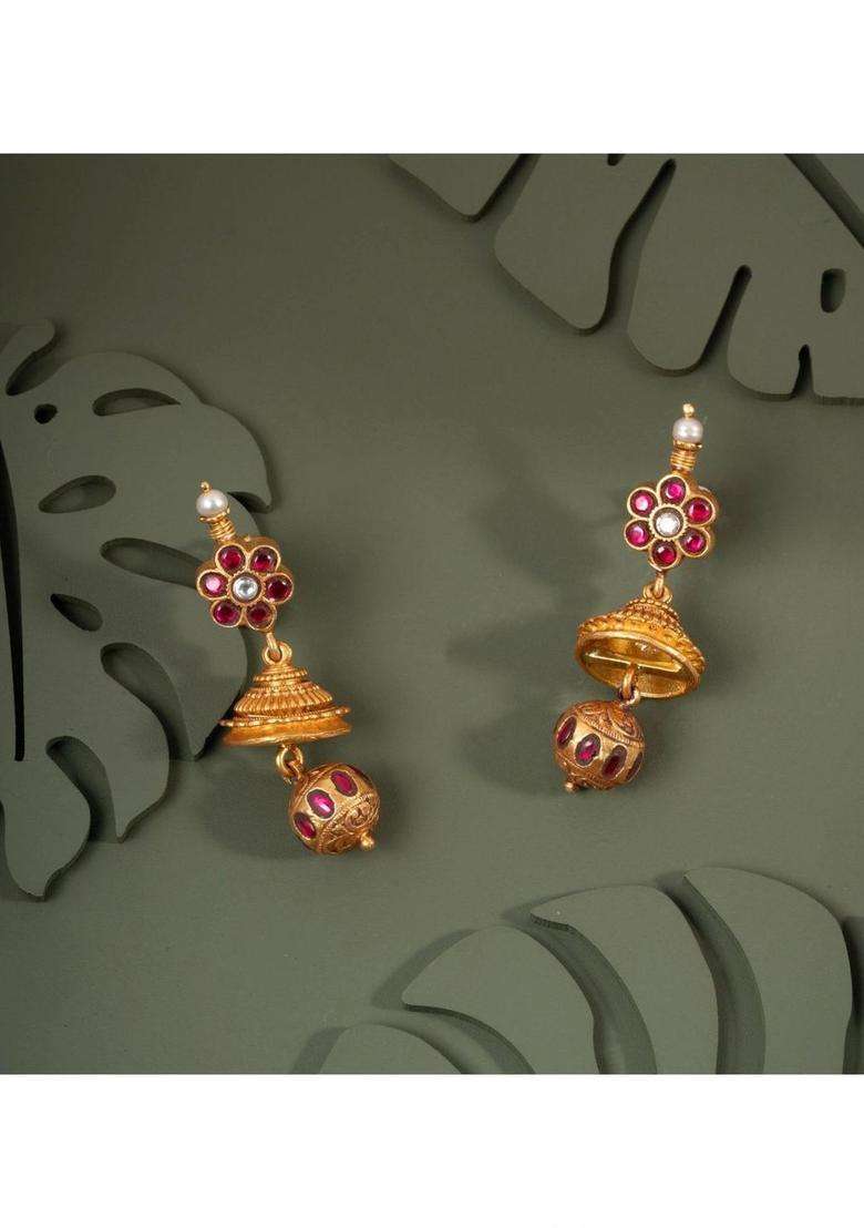 Gold-Plated Floral Jhumkas Earrings with Kundan for Women | Traditional Temple Jewellery for Wedding & Festive Wear | Gift for Her - Indya