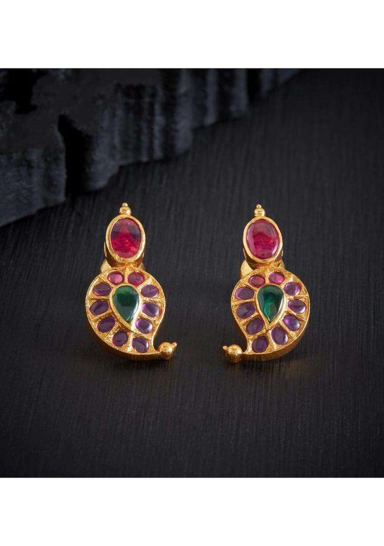 Gold-Plated Paisley Shaped Studs Earrings with American Diamond for Women | Traditional Temple Jewellery for Wedding & Festive Wear | Gift for Her - Indya