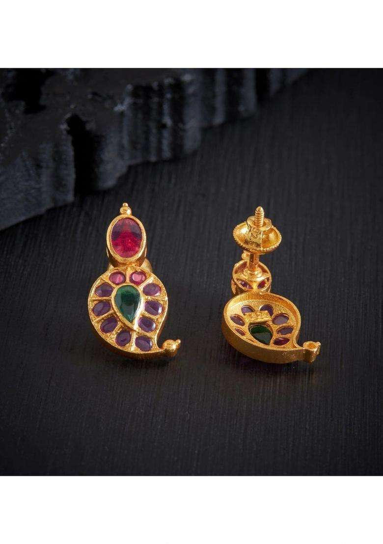 Gold-Plated Paisley Shaped Studs Earrings with American Diamond for Women | Traditional Temple Jewellery for Wedding & Festive Wear | Gift for Her - Indya
