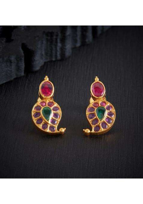 Gold-Plated Paisley Shaped Studs Earrings with American Diamond for Women | Traditional Temple Jewellery for Wedding & Festive Wear | Gift for Her