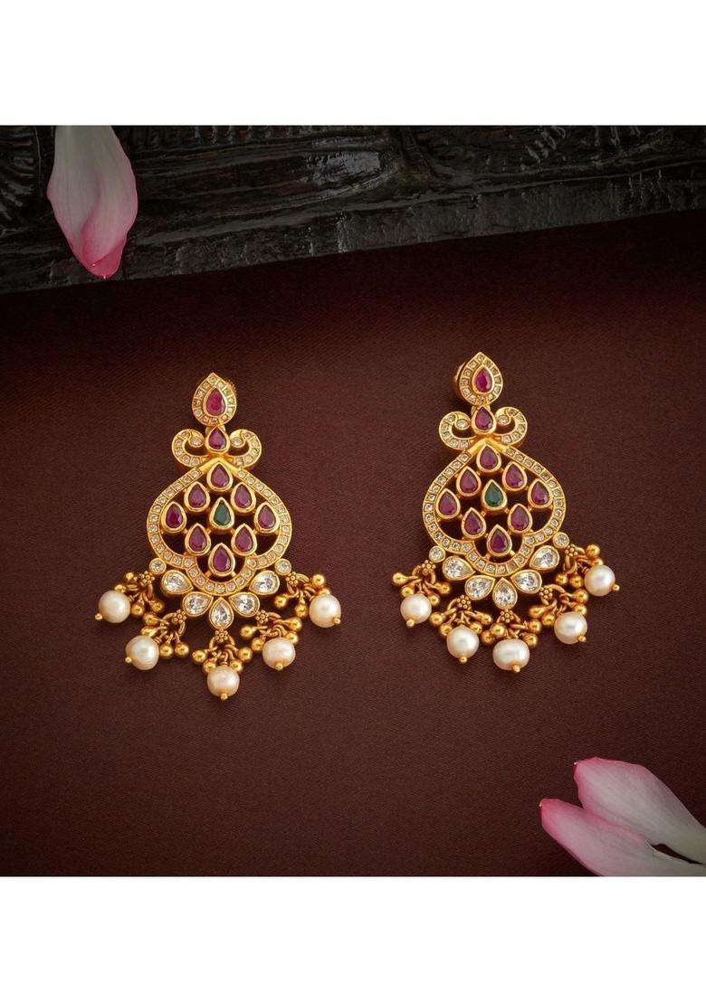 Gold-Plated Paisley Shaped Drop Earrings with American Diamond for Women | Traditional Temple Jewellery for Wedding & Festive Wear | Gift for Her - Indya