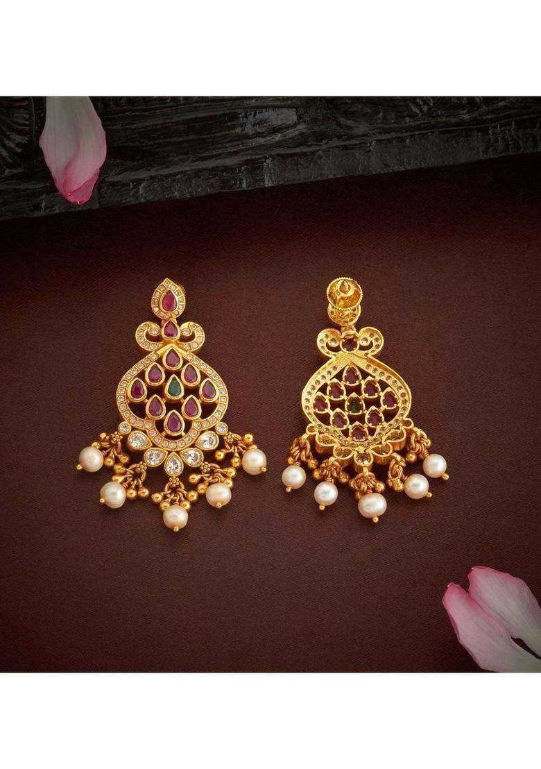 Gold-Plated Paisley Shaped Drop Earrings with American Diamond for Women | Traditional Temple Jewellery for Wedding & Festive Wear | Gift for Her - Indya