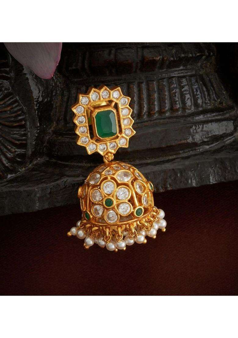 Gold-Plated Dome Shaped Jhumkas Earrings with American Diamond for Women | Traditional Temple Jewellery for Wedding & Festive Wear | Gift for Her - Indya