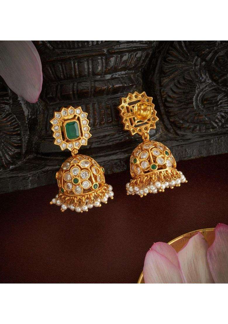Gold-Plated Dome Shaped Jhumkas Earrings with American Diamond for Women | Traditional Temple Jewellery for Wedding & Festive Wear | Gift for Her - Indya