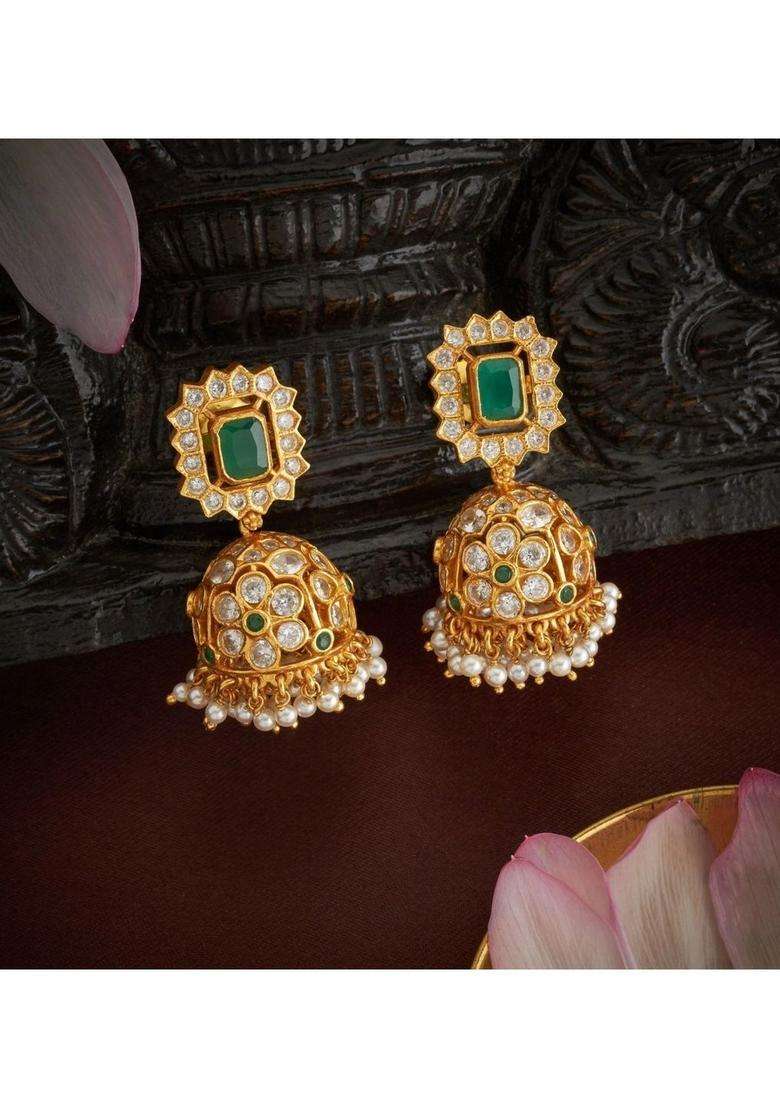 Gold-Plated Dome Shaped Jhumkas Earrings with American Diamond for Women | Traditional Temple Jewellery for Wedding & Festive Wear | Gift for Her - Indya
