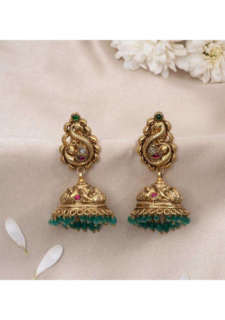 Gold-Plated Peacock Shaped Jhumkas Earrings for Women | Traditional Temple Jewellery for Wedding & Festive Wear | Gift for Her - Indya