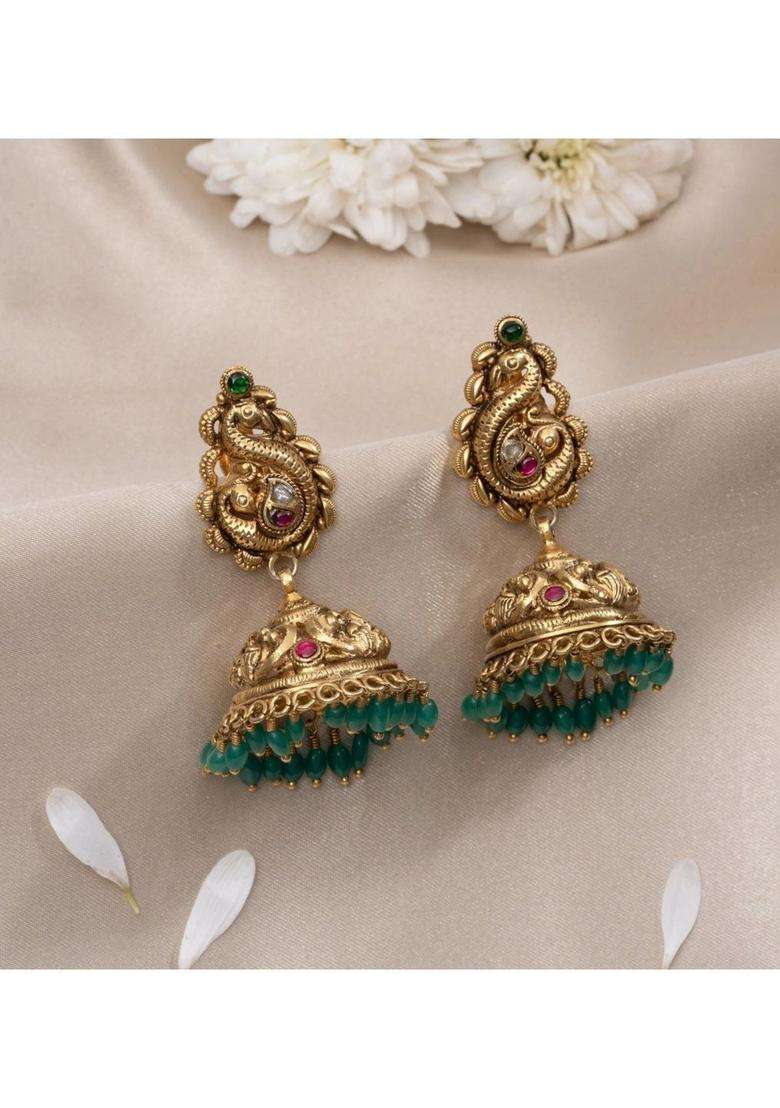 Gold-Plated Peacock Shaped Jhumkas Earrings for Women | Traditional Temple Jewellery for Wedding & Festive Wear | Gift for Her - Indya