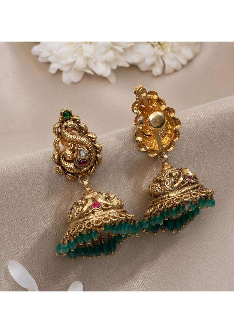 Gold-Plated Peacock Shaped Jhumkas Earrings for Women | Traditional Temple Jewellery for Wedding & Festive Wear | Gift for Her - Indya