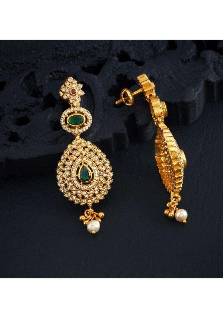 Gold-Plated Teardrop Shaped Drop Earrings with Pearl for Women | Traditional Temple Jewellery for Wedding & Festive Wear | Gift for Her - Indya