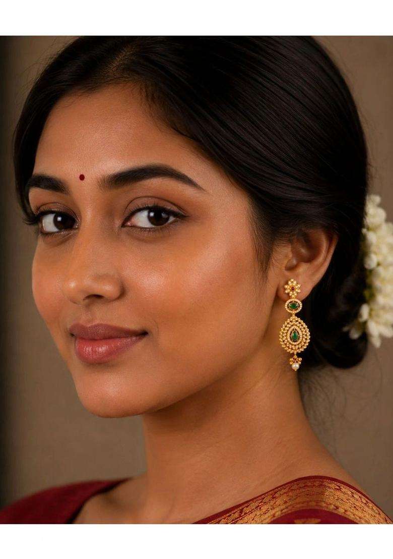 Gold-Plated Teardrop Shaped Drop Earrings with Pearl for Women | Traditional Temple Jewellery for Wedding & Festive Wear | Gift for Her - Indya