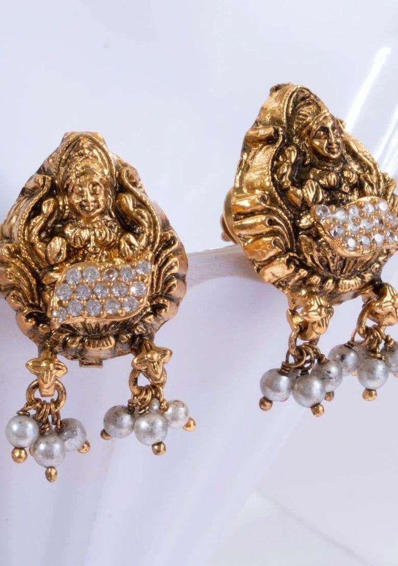Gold-Plated Contemporary Drop Earrings with Pearl for Women | Traditional Temple Jewellery for Wedding & Festive Wear | Gift for Her - Indya