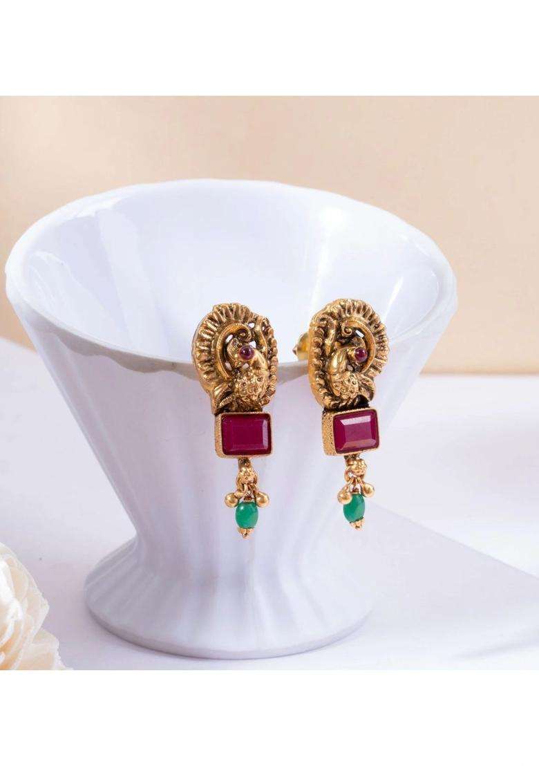Gold-Plated Geometric Studs Earrings for Women | Traditional Temple Jewellery for Wedding & Festive Wear | Gift for Her - Indya