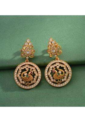 Gold-Plated Peacock Shaped Drop Earrings with American Diamond for Women | Traditional Temple Jewellery for Wedding & Festive Wear | Gift for Her