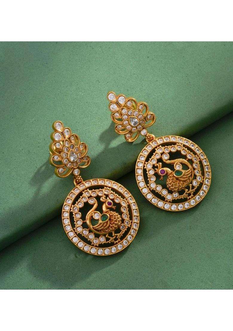 Gold-Plated Peacock Shaped Drop Earrings with American Diamond for Women | Traditional Temple Jewellery for Wedding & Festive Wear | Gift for Her - Indya