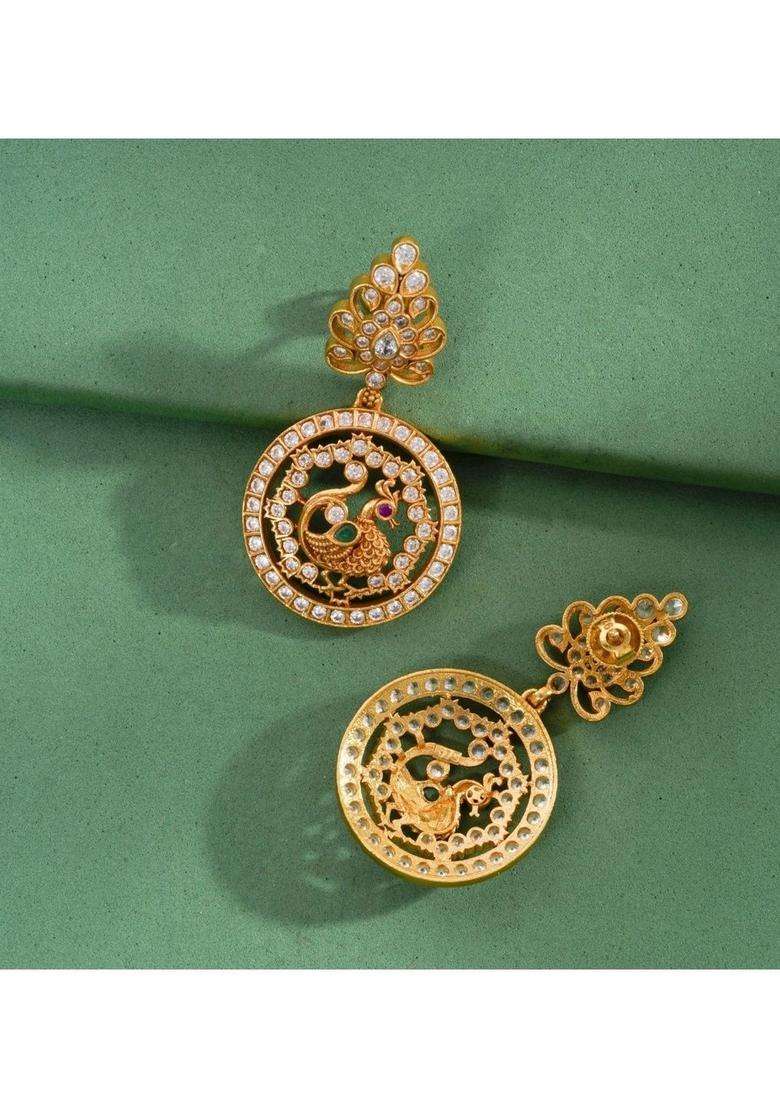 Gold-Plated Peacock Shaped Drop Earrings with American Diamond for Women | Traditional Temple Jewellery for Wedding & Festive Wear | Gift for Her - Indya