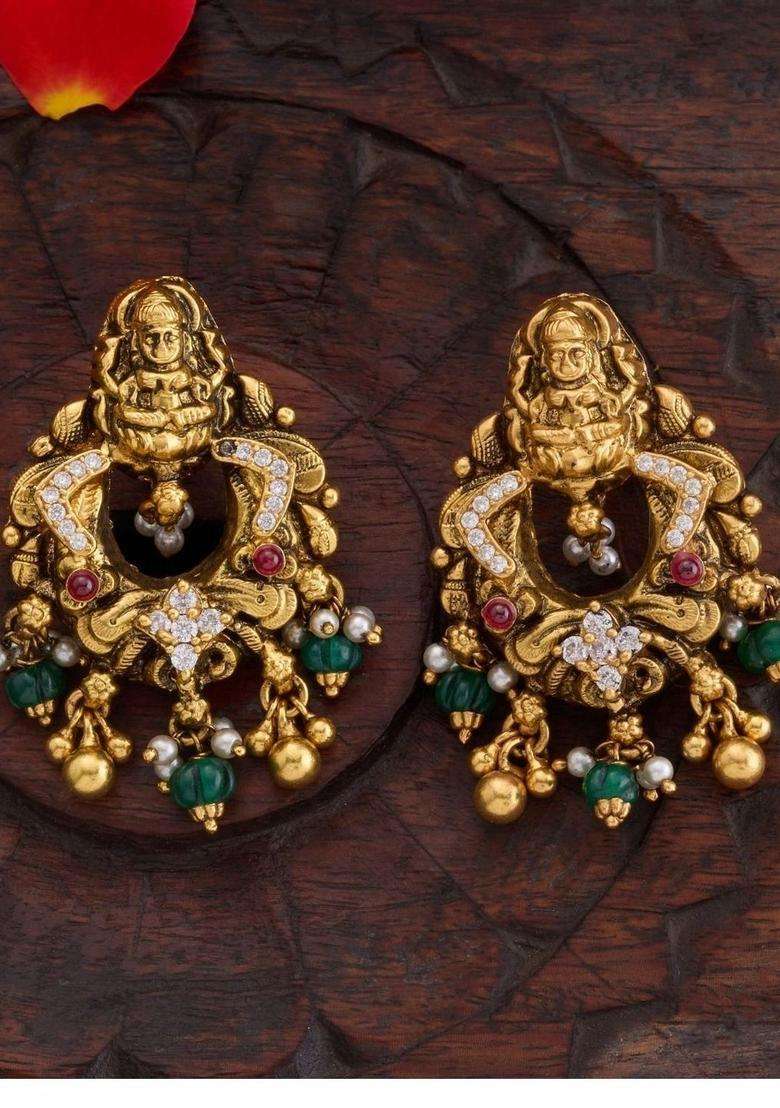 Gold-Plated Contemporary Drop Earrings with Pearl for Women | Traditional Temple Jewellery for Wedding & Festive Wear | Gift for Her - Indya