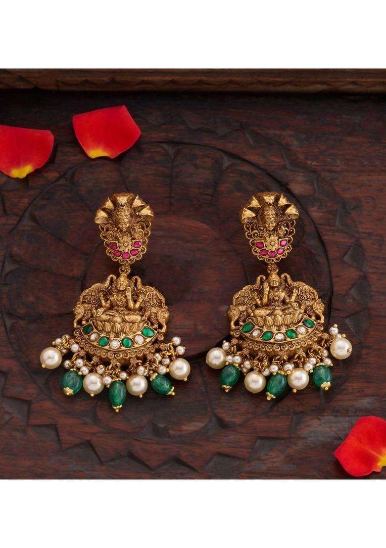 Gold-Plated Geometric Drop Earrings with Kundan for Women | Traditional Temple Jewellery for Wedding & Festive Wear | Gift for Her - Indya