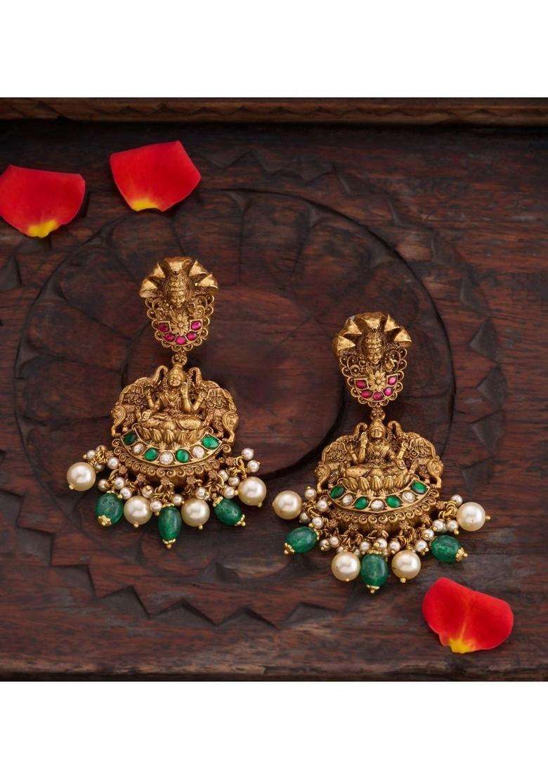 Gold-Plated Geometric Drop Earrings with Kundan for Women | Traditional Temple Jewellery for Wedding & Festive Wear | Gift for Her - Indya