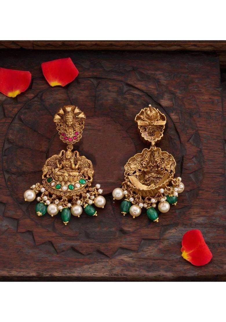Gold-Plated Geometric Drop Earrings with Kundan for Women | Traditional Temple Jewellery for Wedding & Festive Wear | Gift for Her - Indya