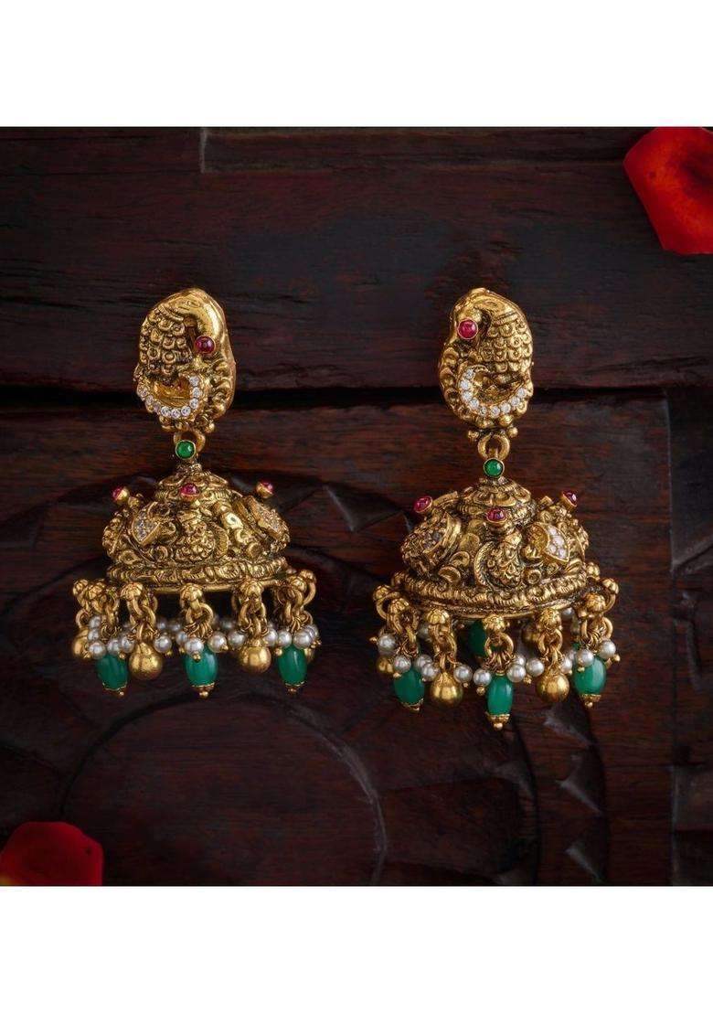 Gold-Plated Dome Shaped Jhumkas Earrings with Pearl for Women | Traditional Temple Jewellery for Wedding & Festive Wear | Gift for Her - Indya