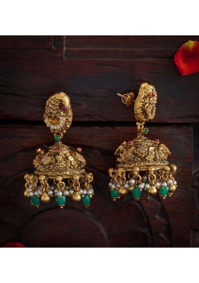 Gold-Plated Dome Shaped Jhumkas Earrings with Pearl for Women | Traditional Temple Jewellery for Wedding & Festive Wear | Gift for Her - Indya