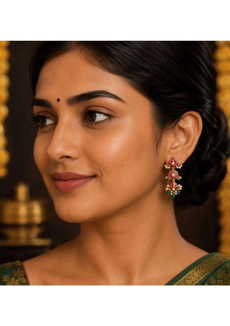 Gold-Plated Geometric Drop Earrings with Kundan for Women | Traditional Temple Jewellery for Wedding & Festive Wear | Gift for Her - Indya