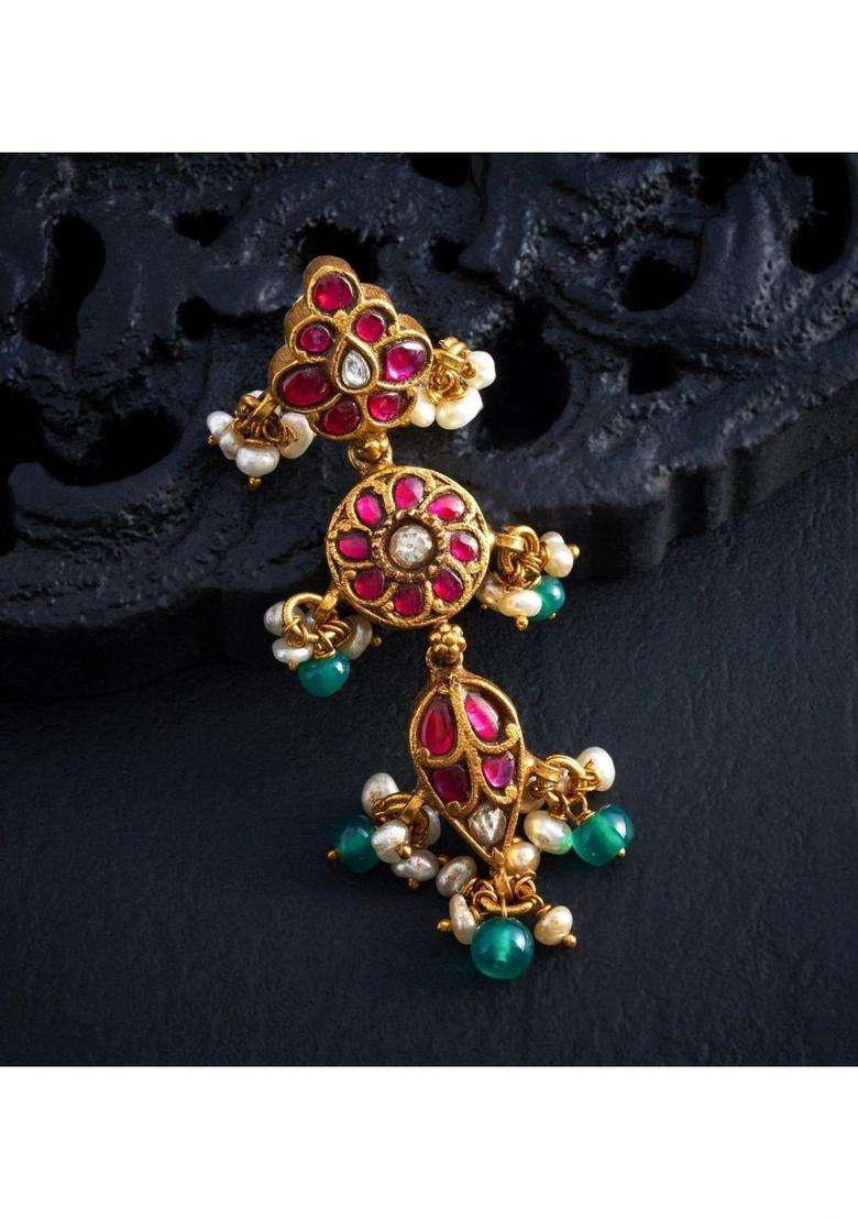 Gold-Plated Geometric Drop Earrings with Kundan for Women | Traditional Temple Jewellery for Wedding & Festive Wear | Gift for Her - Indya