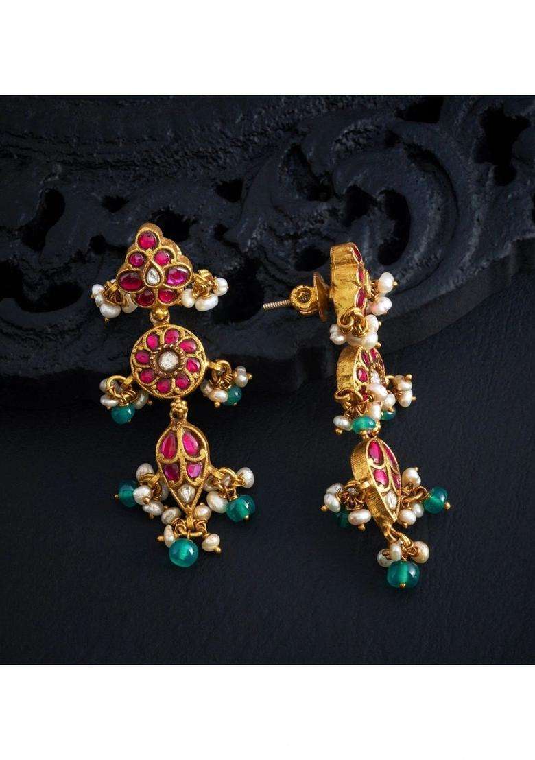 Gold-Plated Geometric Drop Earrings with Kundan for Women | Traditional Temple Jewellery for Wedding & Festive Wear | Gift for Her - Indya