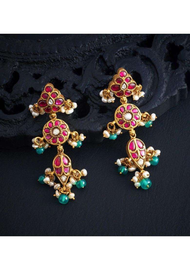 Gold-Plated Geometric Drop Earrings with Kundan for Women | Traditional Temple Jewellery for Wedding & Festive Wear | Gift for Her - Indya