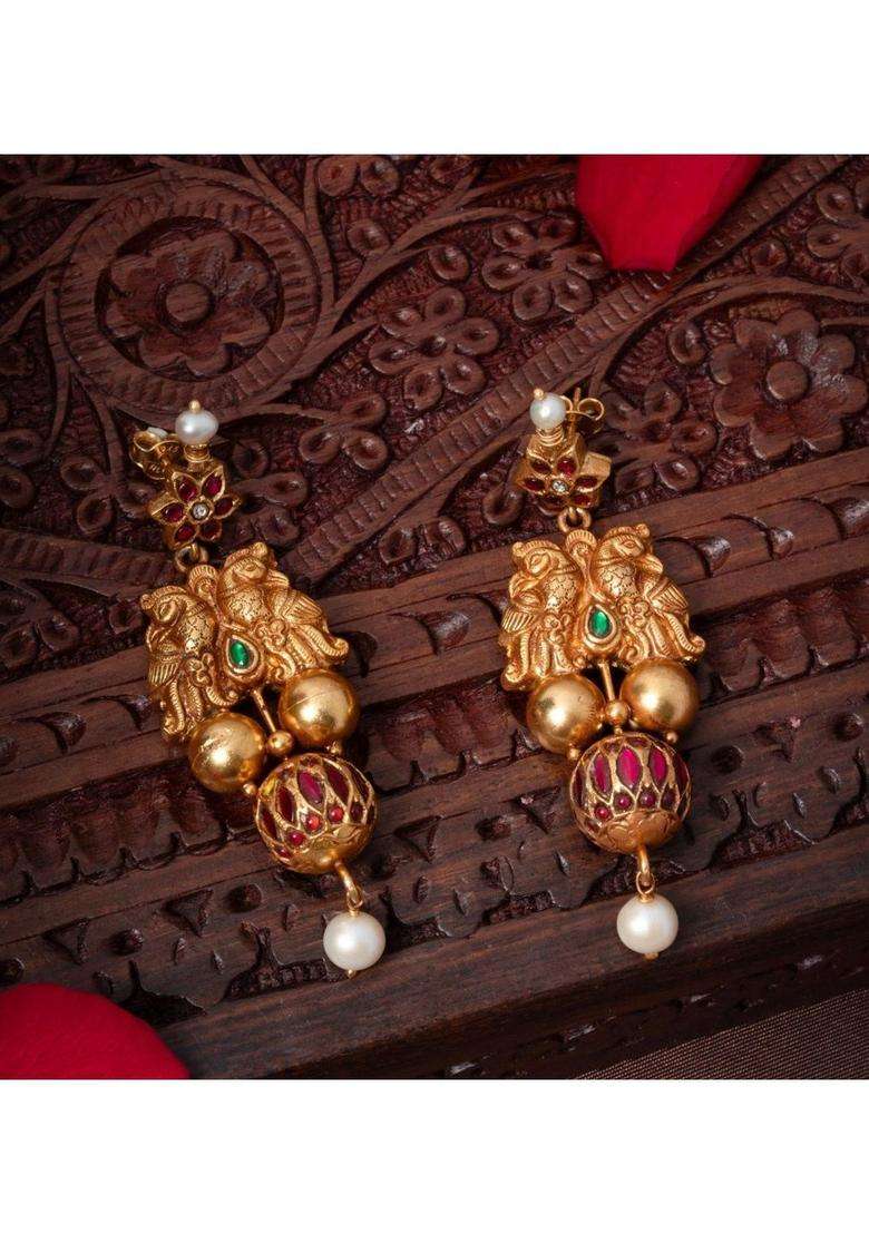 Gold-Plated Geometric Drop Earrings with Kundan for Women | Traditional Temple Jewellery for Wedding & Festive Wear | Gift for Her - Indya