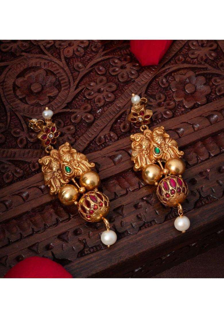 Gold-Plated Geometric Drop Earrings with Kundan for Women | Traditional Temple Jewellery for Wedding & Festive Wear | Gift for Her - Indya