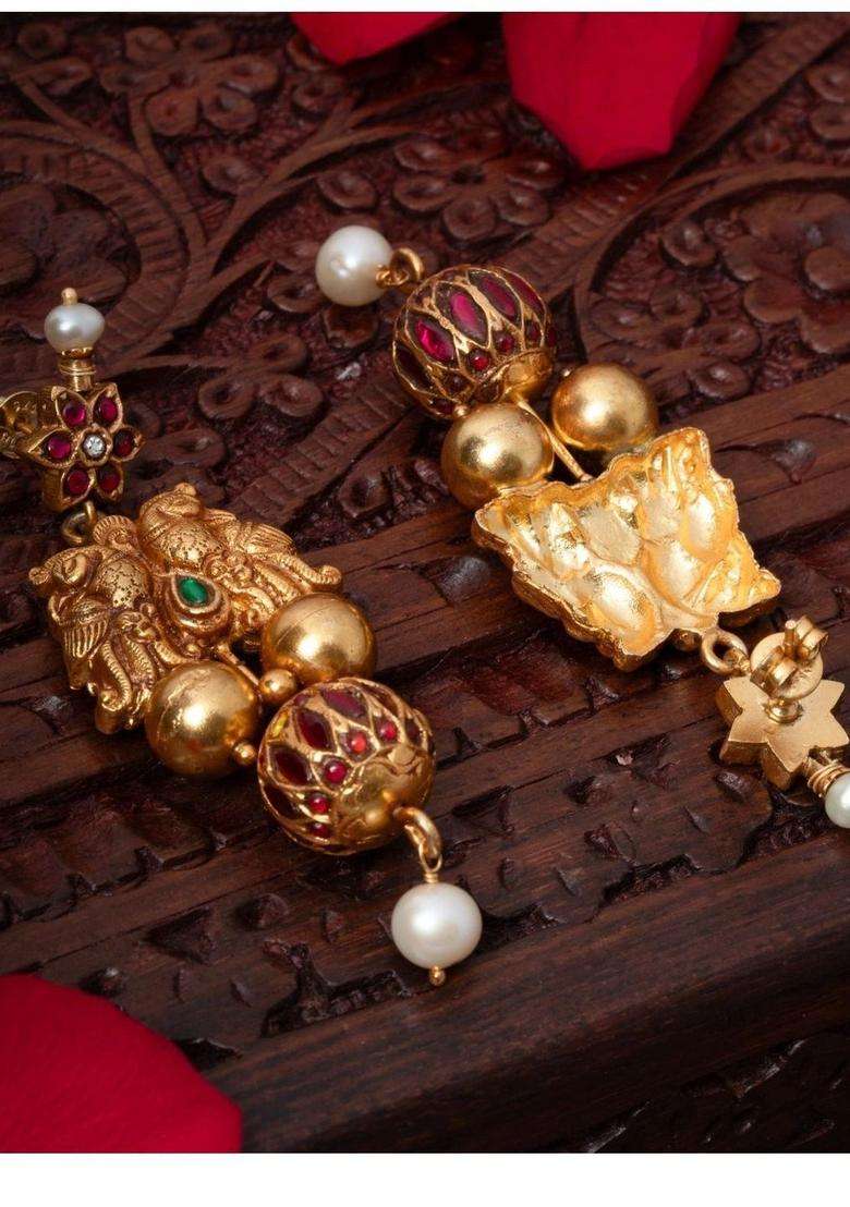 Gold-Plated Geometric Drop Earrings with Kundan for Women | Traditional Temple Jewellery for Wedding & Festive Wear | Gift for Her - Indya