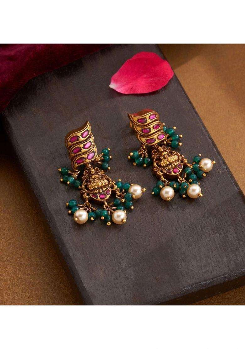 Gold-Plated Contemporary Drop Earrings with Kundan for Women | Traditional Temple Jewellery for Wedding & Festive Wear | Gift for Her - Indya